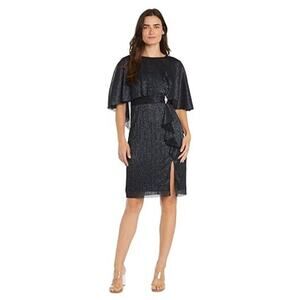 NWT Women’s Petite 6 Metallic Navy Cape Sleeve Cocktail Dress – Knee Length